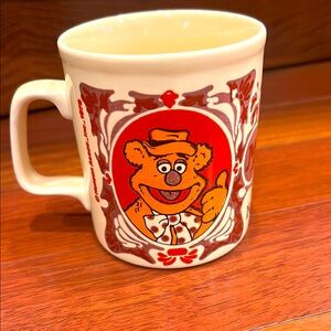 Vintage Cream and Red Mug with Bear Design
